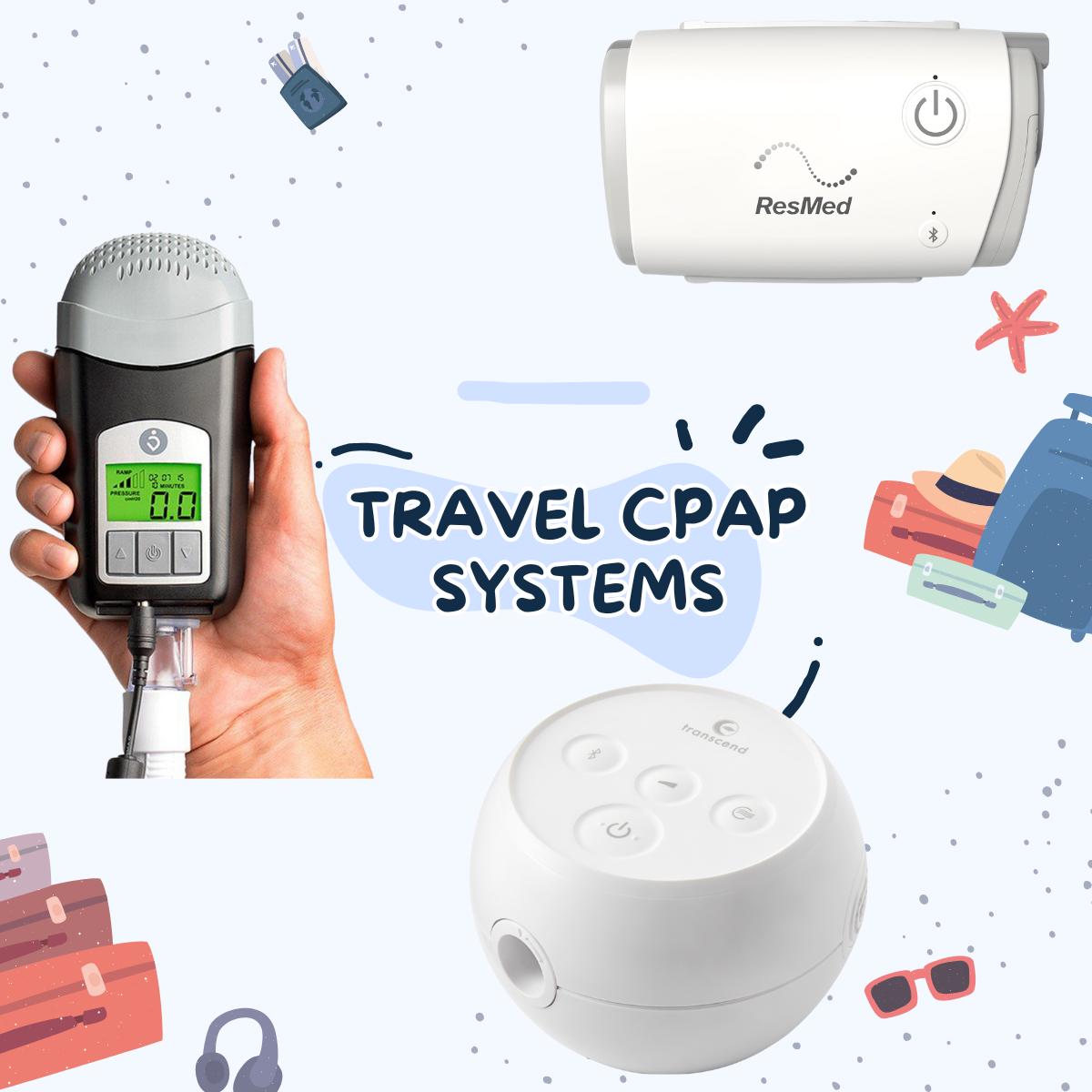 Resmed AirMini, Transcend Micro and Breas Z2 Travel CPAP Machines with a travel motif in the background