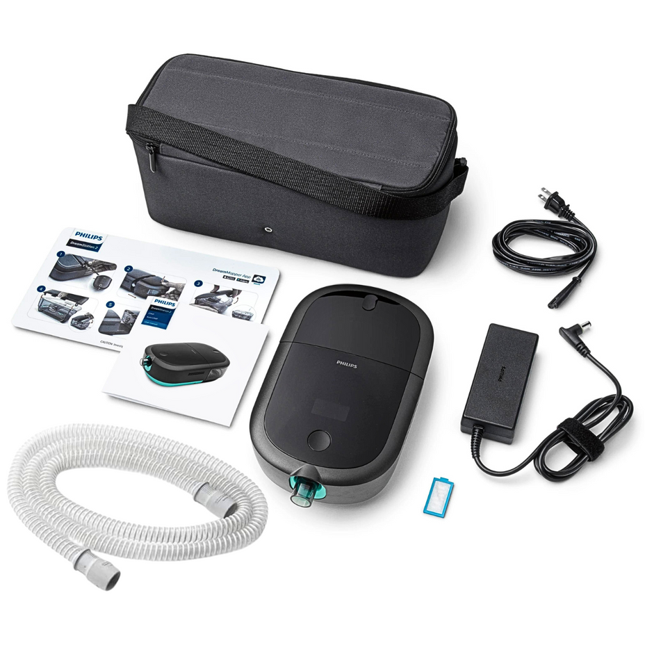 A DreamStation 2 CPAP machine with accessories neatly laid out on a white background.
