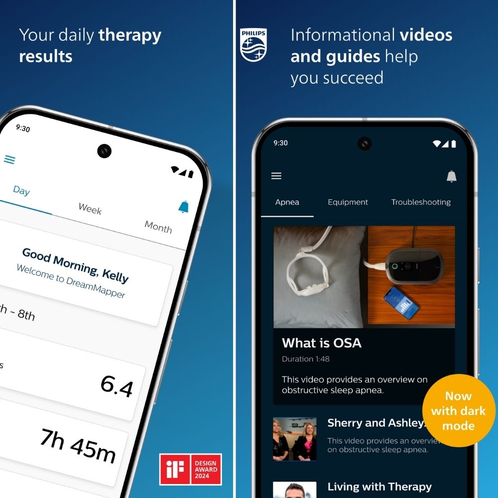 Two smartphone screens displaying app interfaces with text about daily therapy results and informational videos