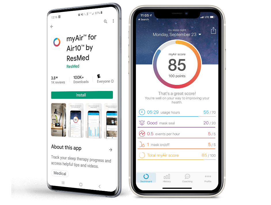 Two smartphones displaying the Resmed MyAir app