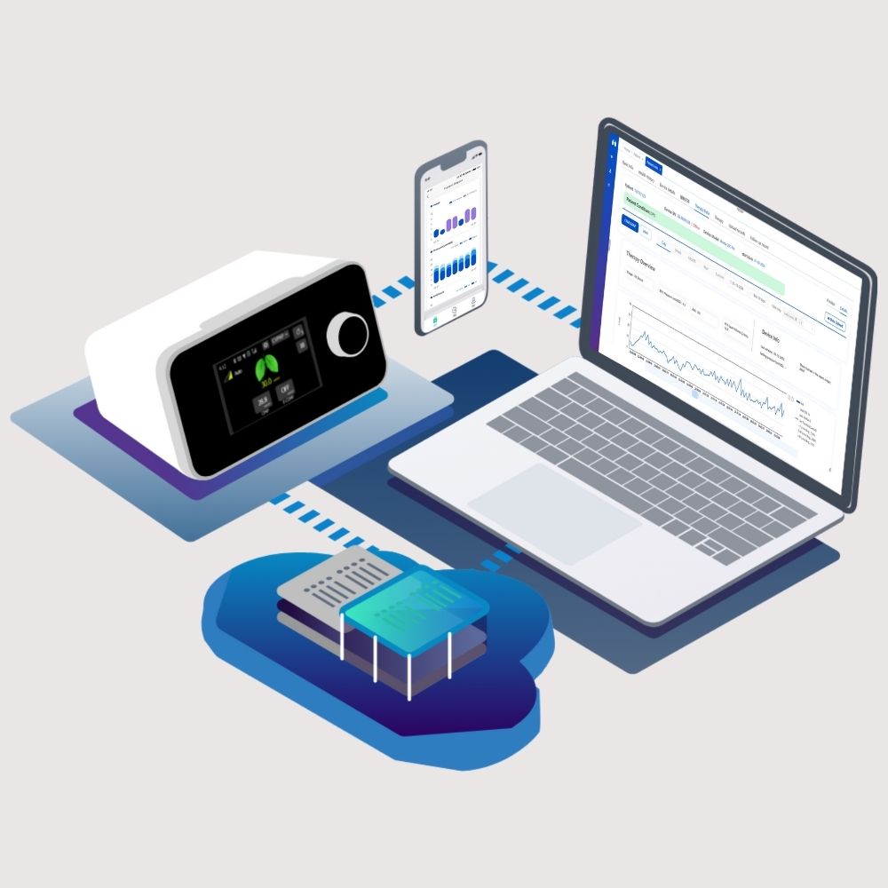 Illustration of a laptop, smartphone, and the iBreeze CPAP machine on a light grey background