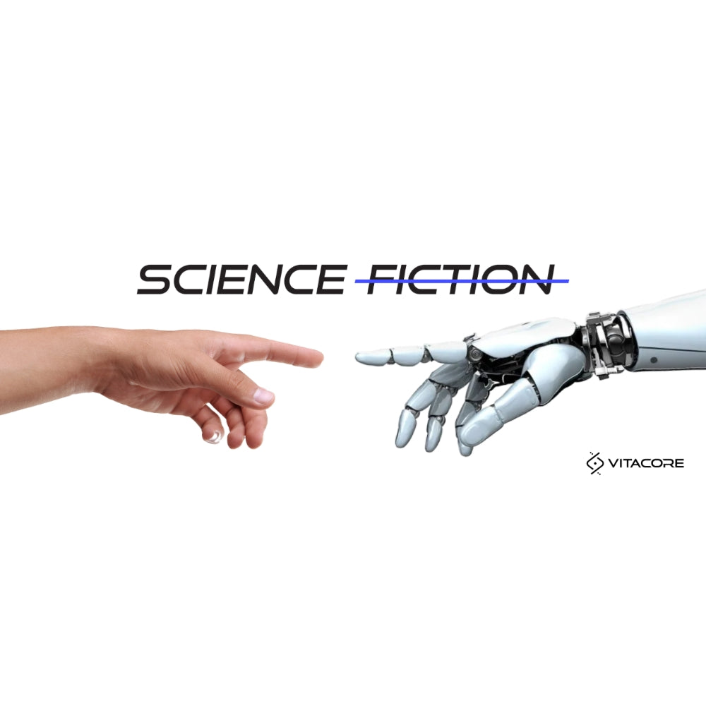 A human hand reaching toward a white robotic hand, with the text 'SCIENCE FICTION' across the center and the brand name 'VITACORE' in the lower right on a white background