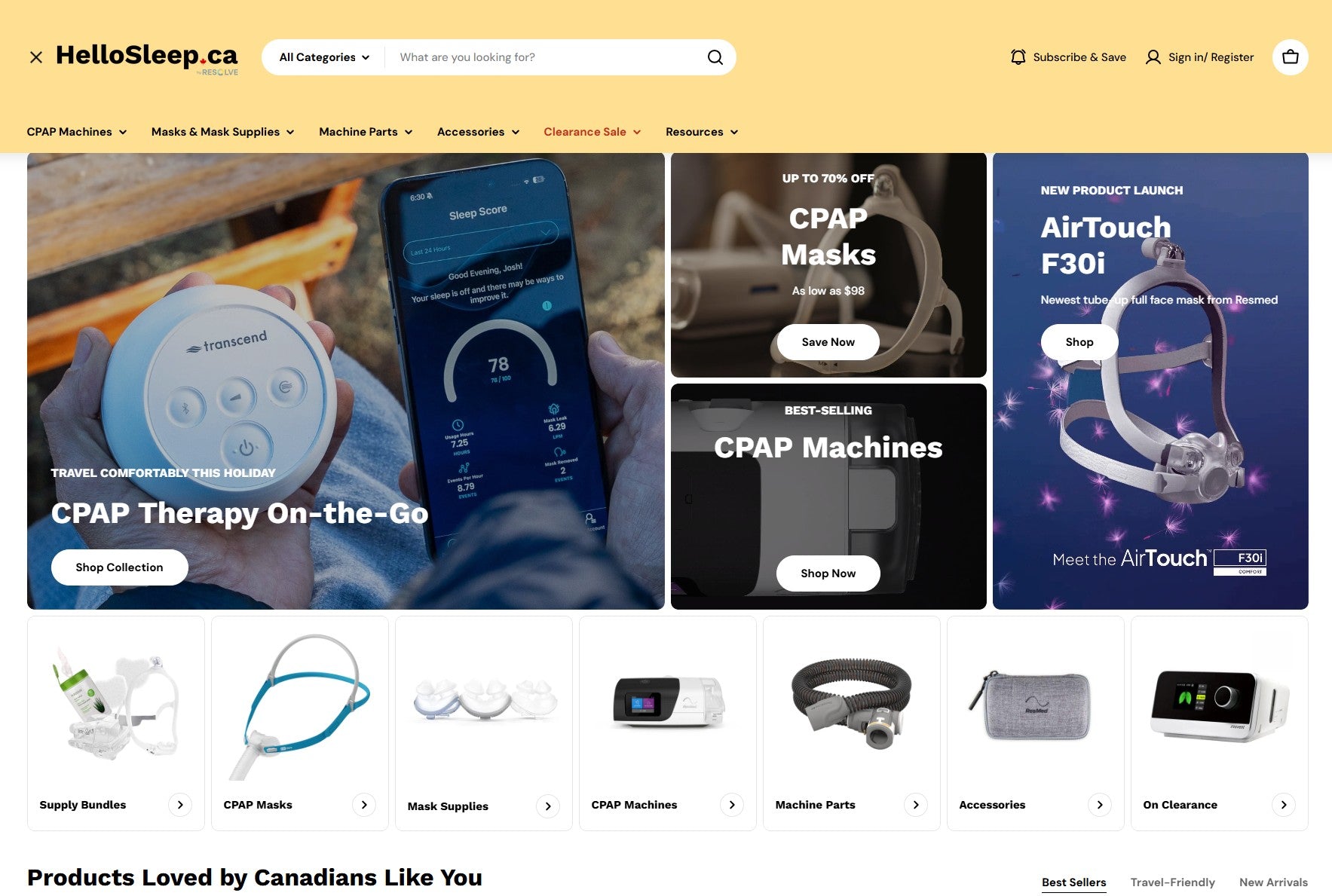 Screenshot of HelloSleep.ca's homepage showing CPAP categories