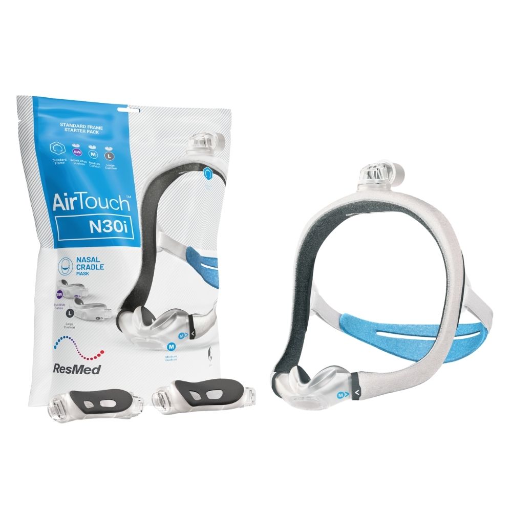ResMed AirTouch N30i Nasal Mask Standard Starter Pack Packaging Next to The Mask