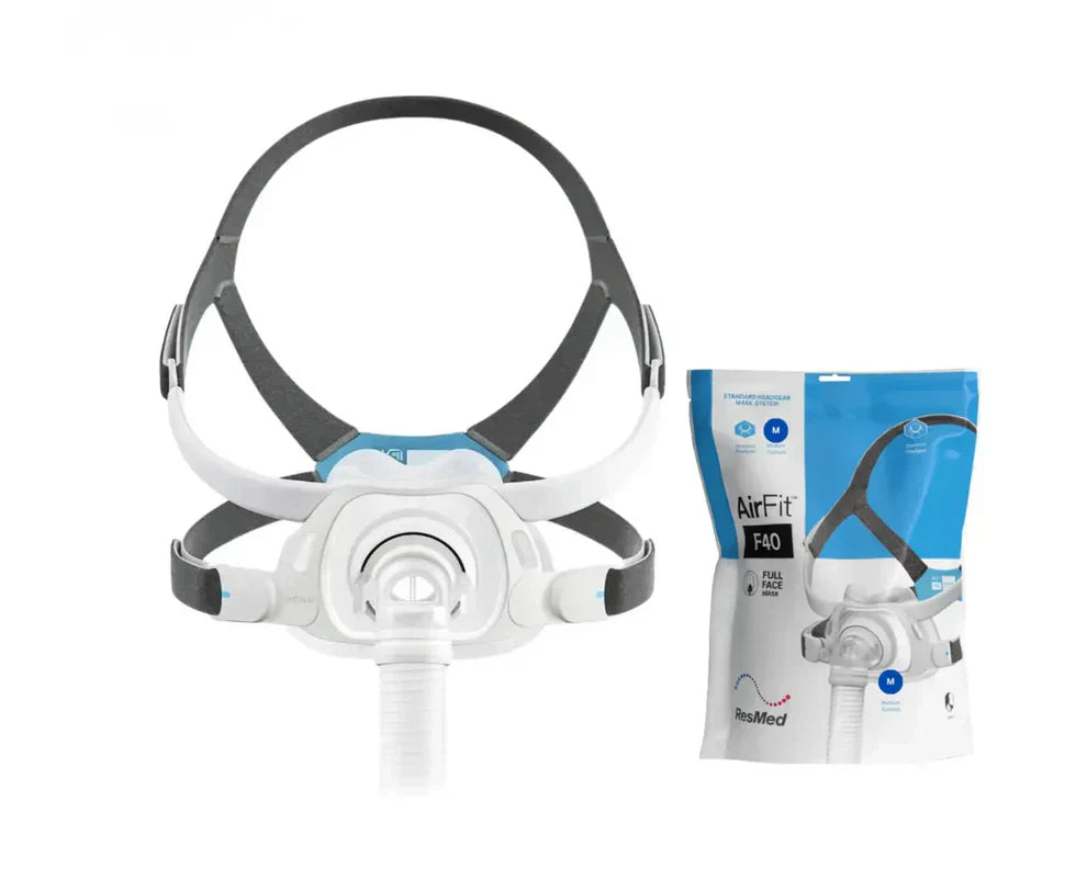 AirFit F40 CPAP mask with packaging on a white background