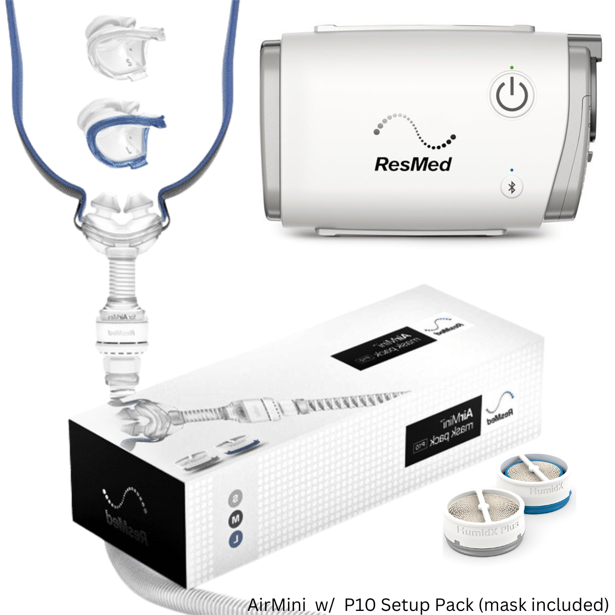 Components of the Resmed AirMini P10 Setup Pack showing the AirFit P10 Mask, available cushions, tubing, HumidX Plus and Standard, and the AirMini Travel CPAP Device