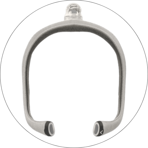 Grey CPAP headgear with a top of head tube connection
