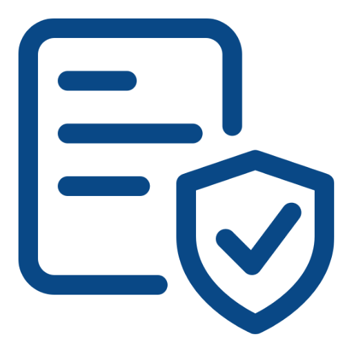 Blue icon of a document with a shield and check mark on a white background