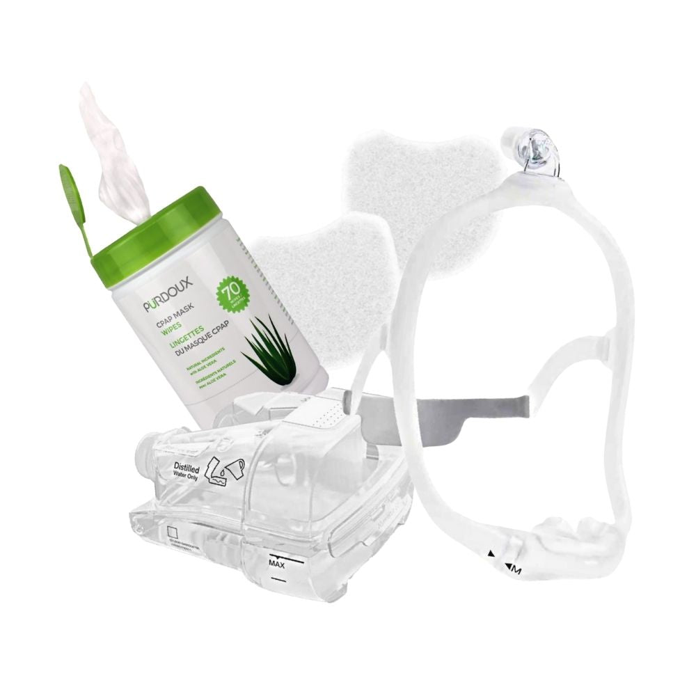 CPAP mask, CPAP machine humidifier tank, filters and mask wipes