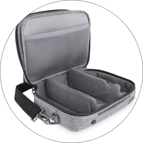 Grey travel case for CPAP machine with three different compartments for storage and organization