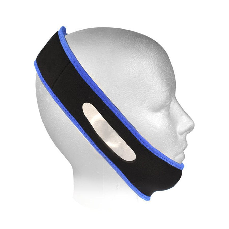 Side profile of a mannequin wearing the CPAPology Morpheus Classic Chin Strap