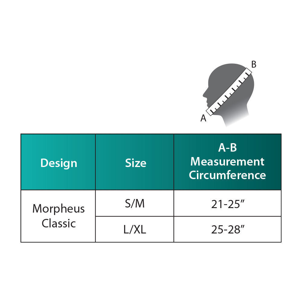 Measurement chart for the sizes of the CPAPology Morpheus Classic Chin Strap
