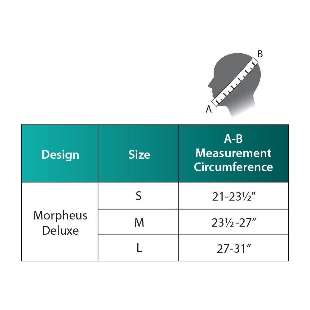 Measurement chart for the sizes of the CPAPology Morpheus Deluxe Chin Strap