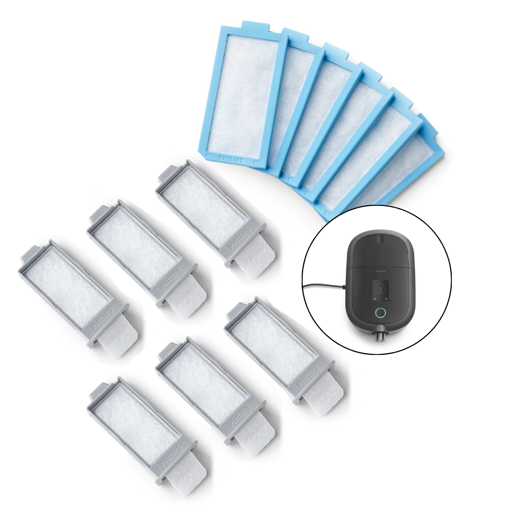 6 pollen blue air filters fanned out with a set of 6 gray ultra fine filters with Dreamstation 2 on a white background