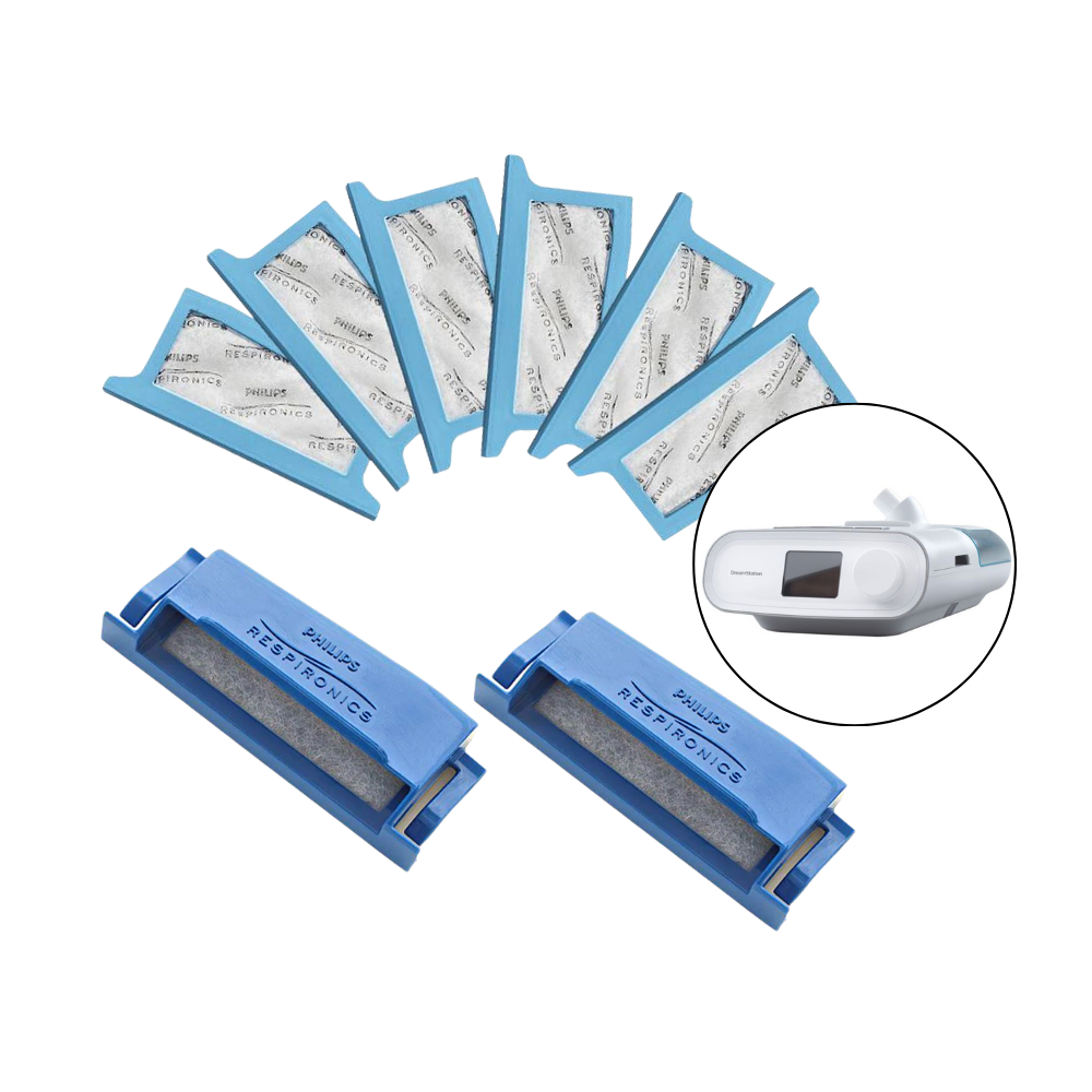 6 ultra fine filters fanned out with 2 pollen filters and a Dreamstation machine on white background