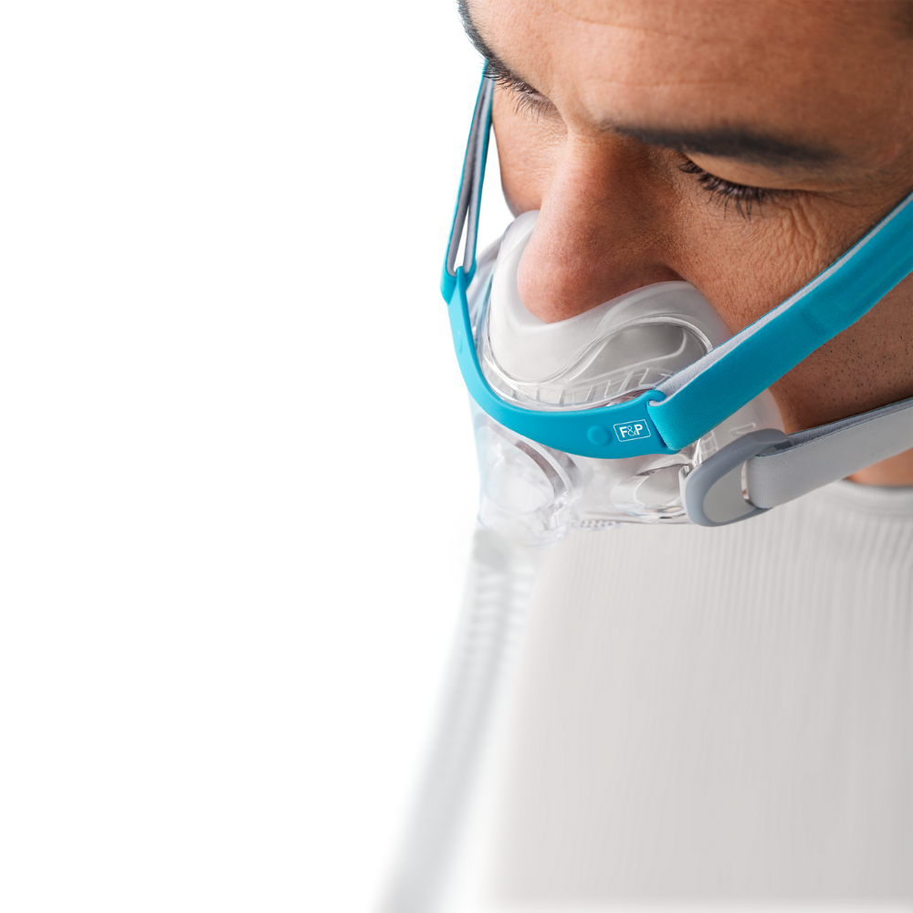 Top side view of a person wearing the F&P Evora Full Face CPAP Mask