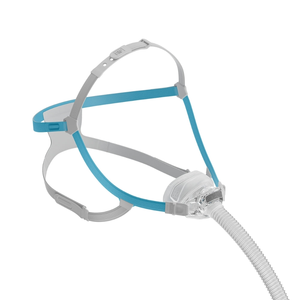 F&P Nova Nasal CPAP Mask with blue and grey headgear