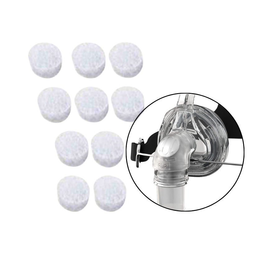 Set of 10 white diffuser filters for the Zest Q mask with a blown out photo of where the filter goes in the mask