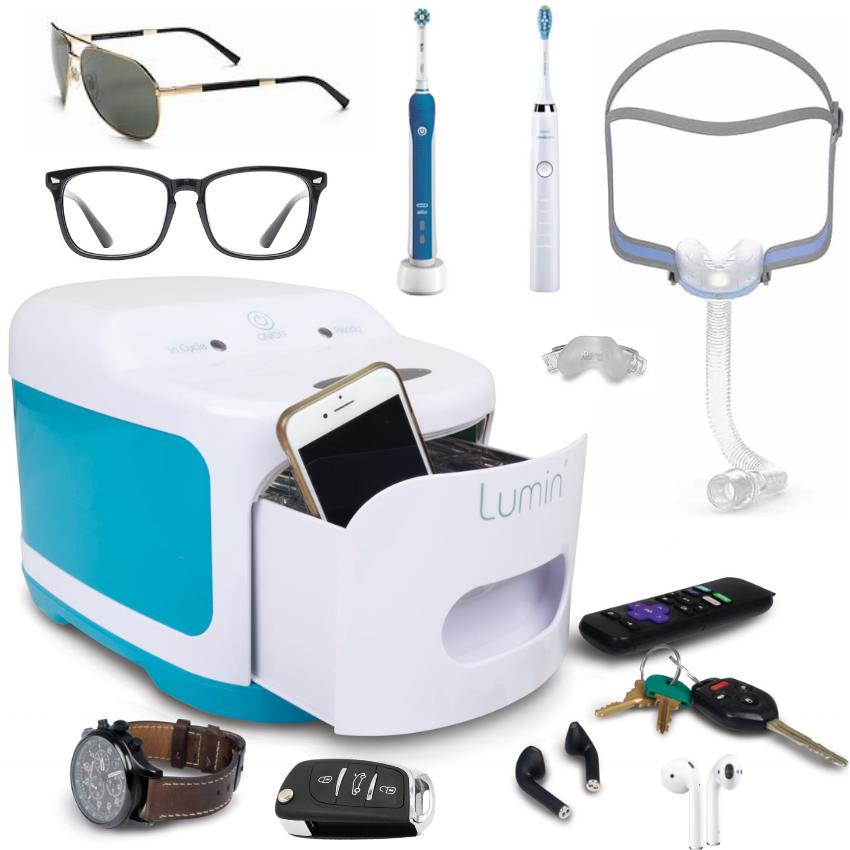 Collection of everyday items including glasses, toothbrushes, a phone, and keys that can be sanitized using the Lumin