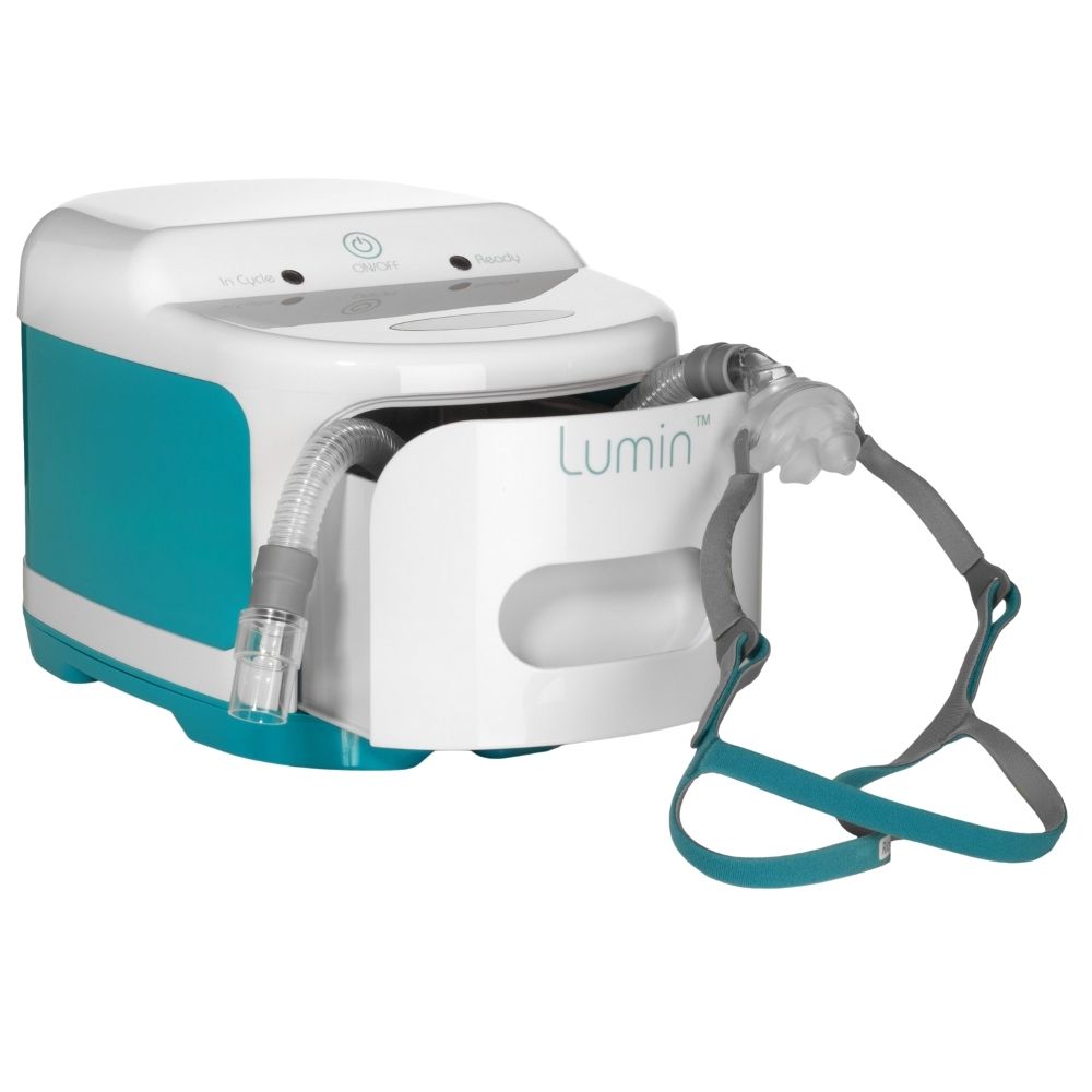 Lumin CPAP Sanitizer Device with Nasal Pillow CPAP Mask on it