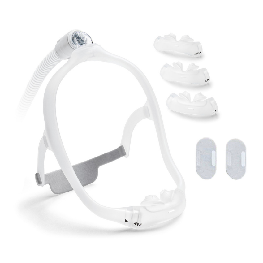 DreamWear Silicone Pillows Fit Pack with 4 cushion sizes, pair of soft wraps and the medium frame and headgear