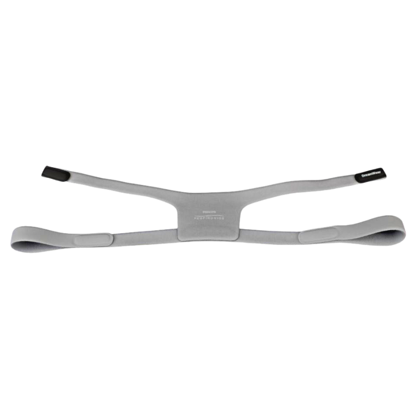 Grey headgear for the DreamWear Full Face mask laid flat