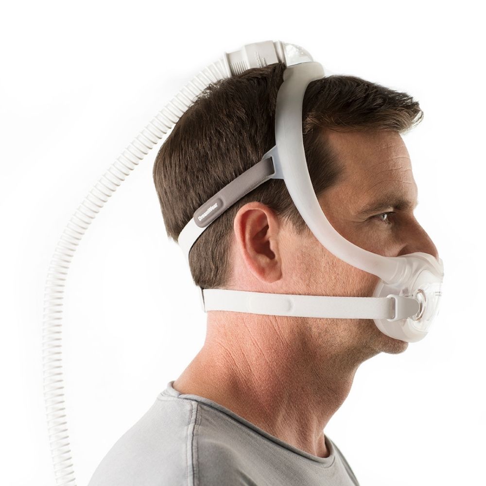 Side profile of a person wearing the Philips DreamWear Full Face Mask with tube