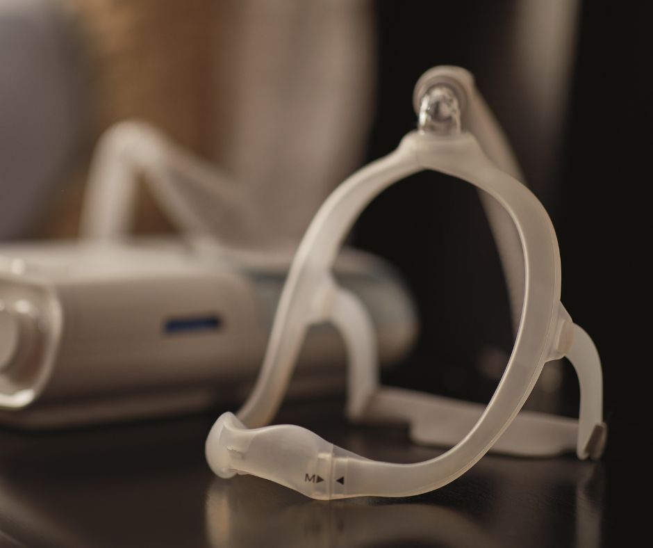 DreamWear Nasal Mask on nightstand with the DreamStation CPAP machine in the background