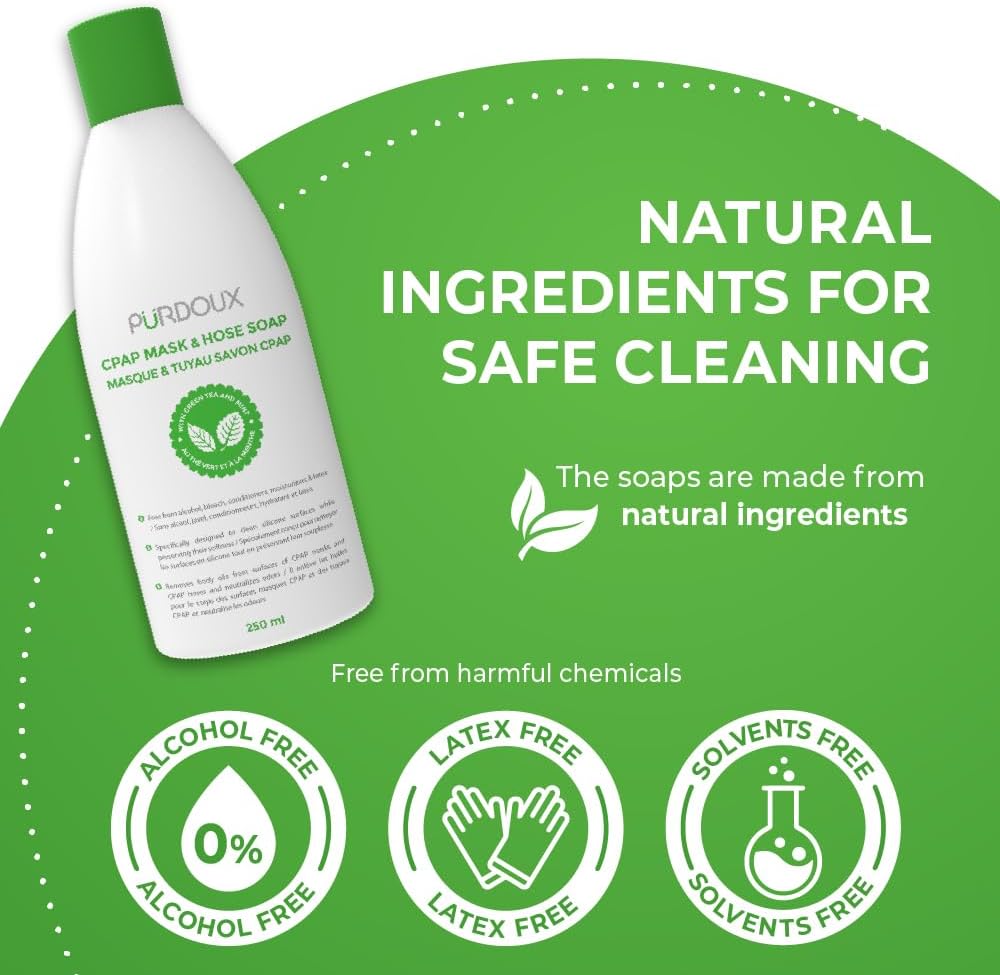 Purdoux CPAP soap bottle with green cap on a green background, featuring text about natural ingredients and safety