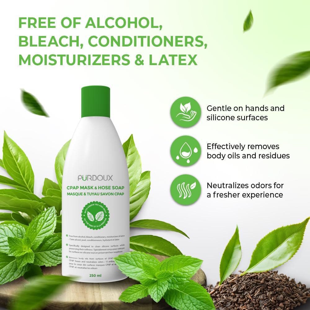 Purdoux CPAP mask and hose soap bottle with green leaves and text highlighting product features
