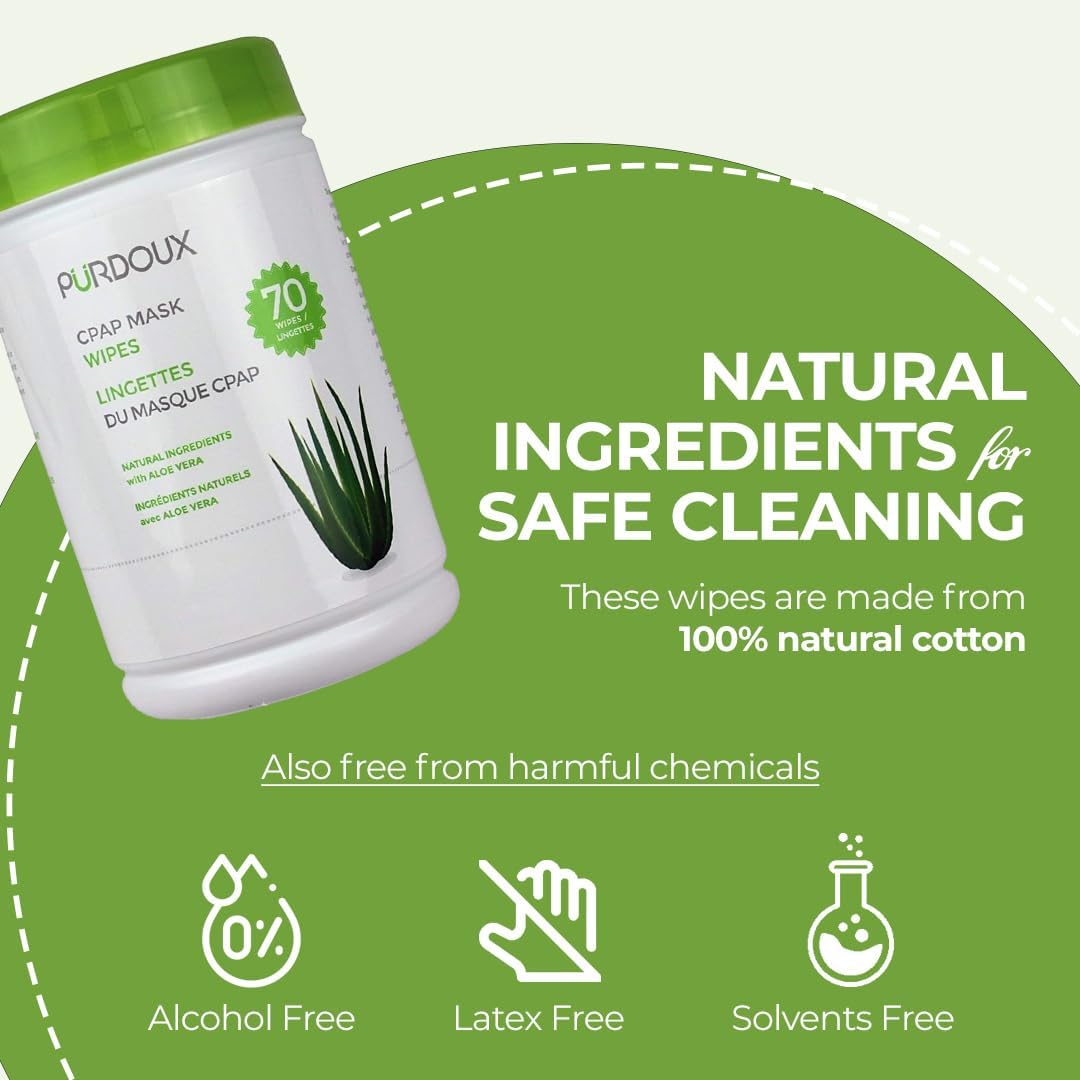 Purdoux CPAP Mask wipes container with green lid on a green background, featuring text about natural ingredients and safety
