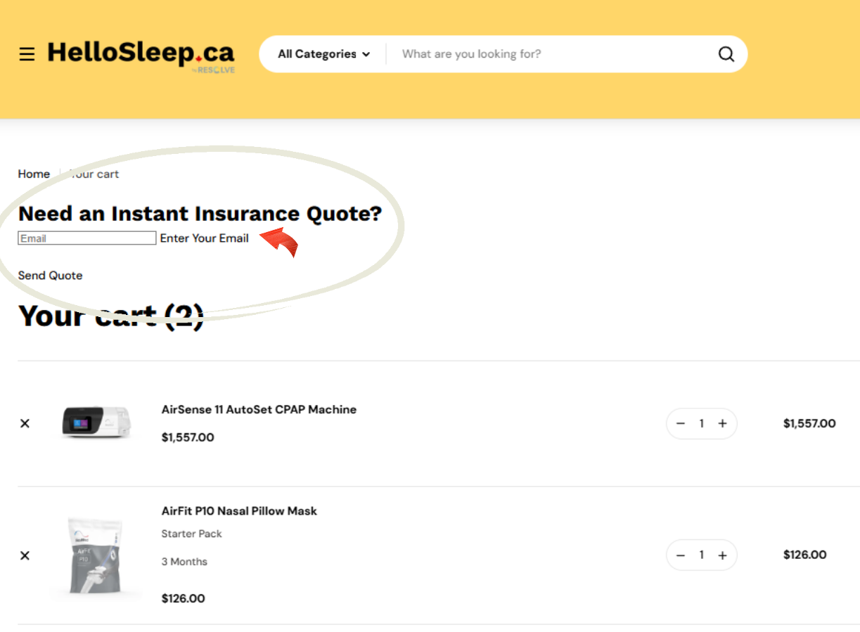 HelloSleep.ca website cart with the Instant Insurance Quote section circled