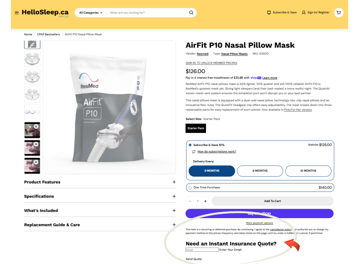 Product page for AirFit P10 Nasal Pillow Mask on HelloSleep.ca website with the Instant Insurance Quote section circled