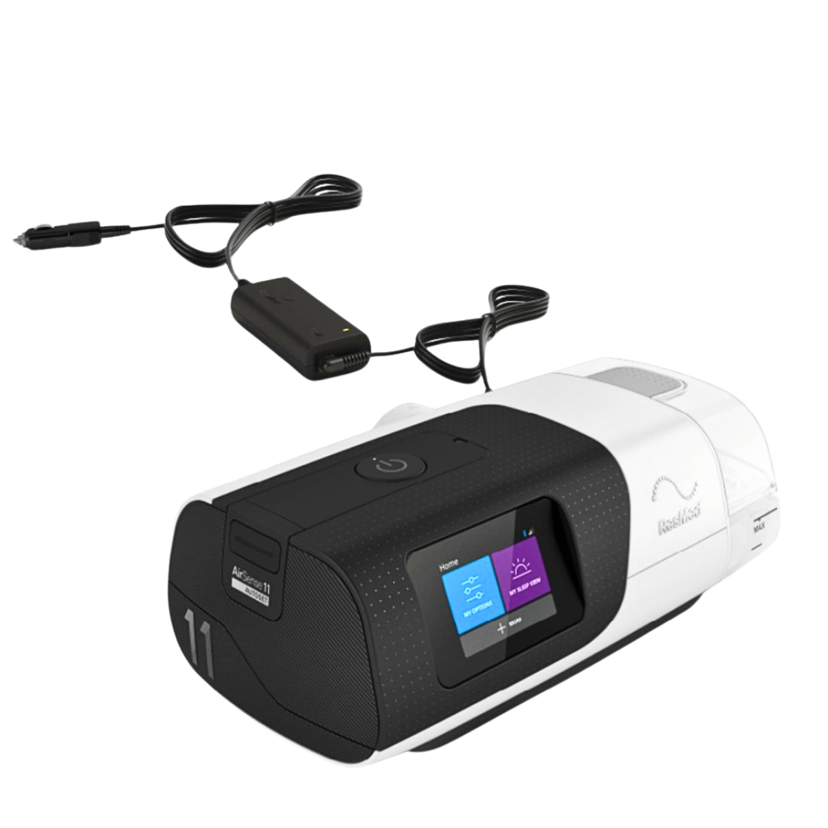 DC Converter for the Air 11 Series of machines shown attached to an AirSense 11 CPAP machine