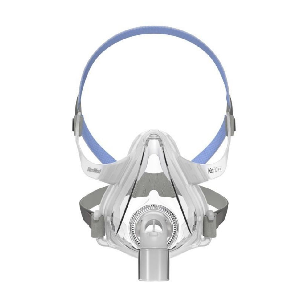 Front view of the ResMed AirFit F10 full face CPAP mask system