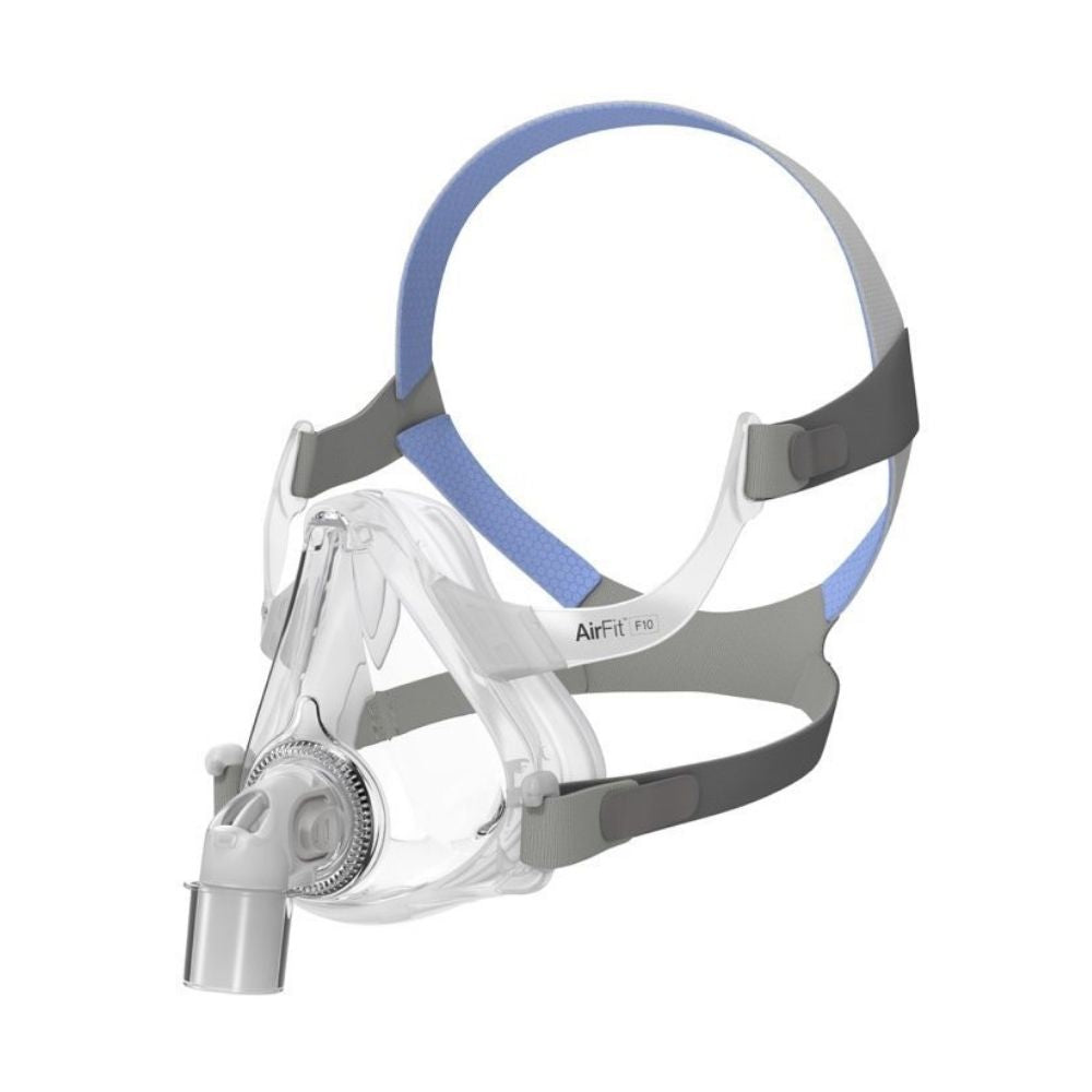 Angled view of the ResMed AirFit F10 full face CPAP mask system