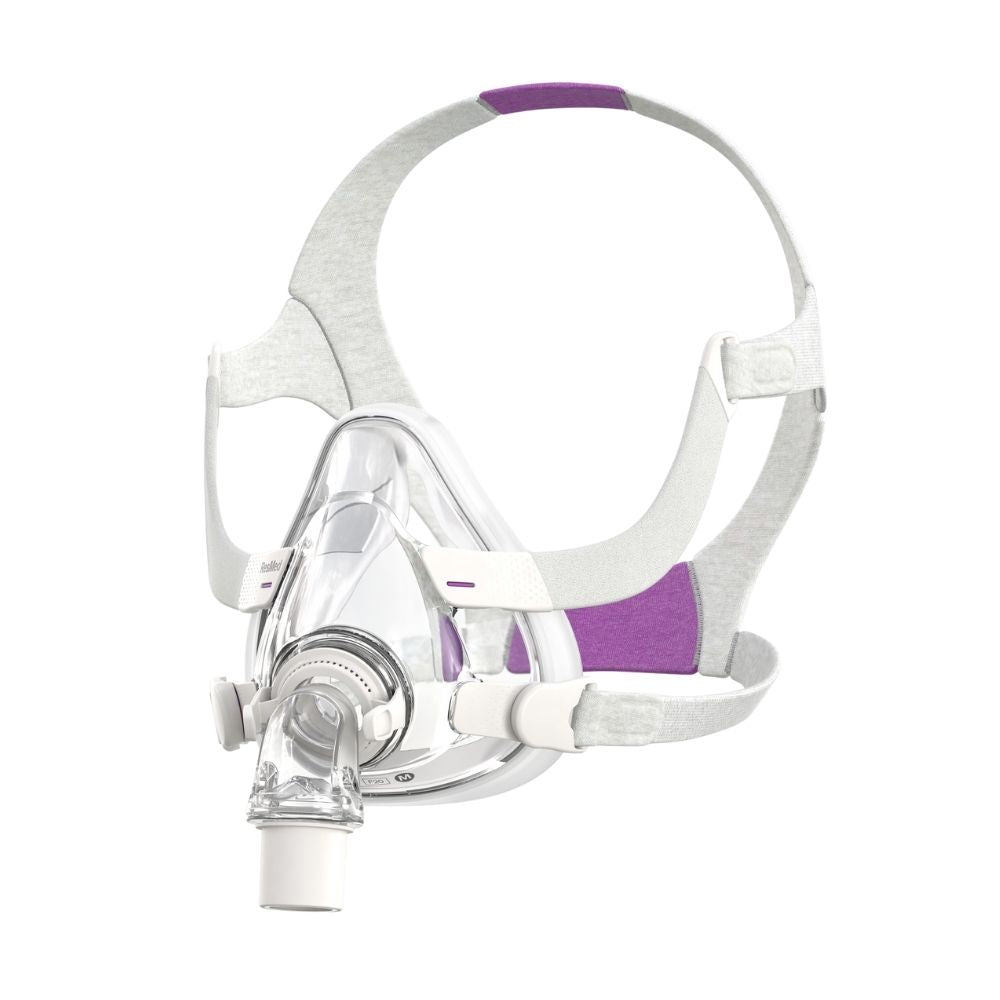 Right side view of the ResMed AirFit F20 for Her full face CPAP mask with purple accents