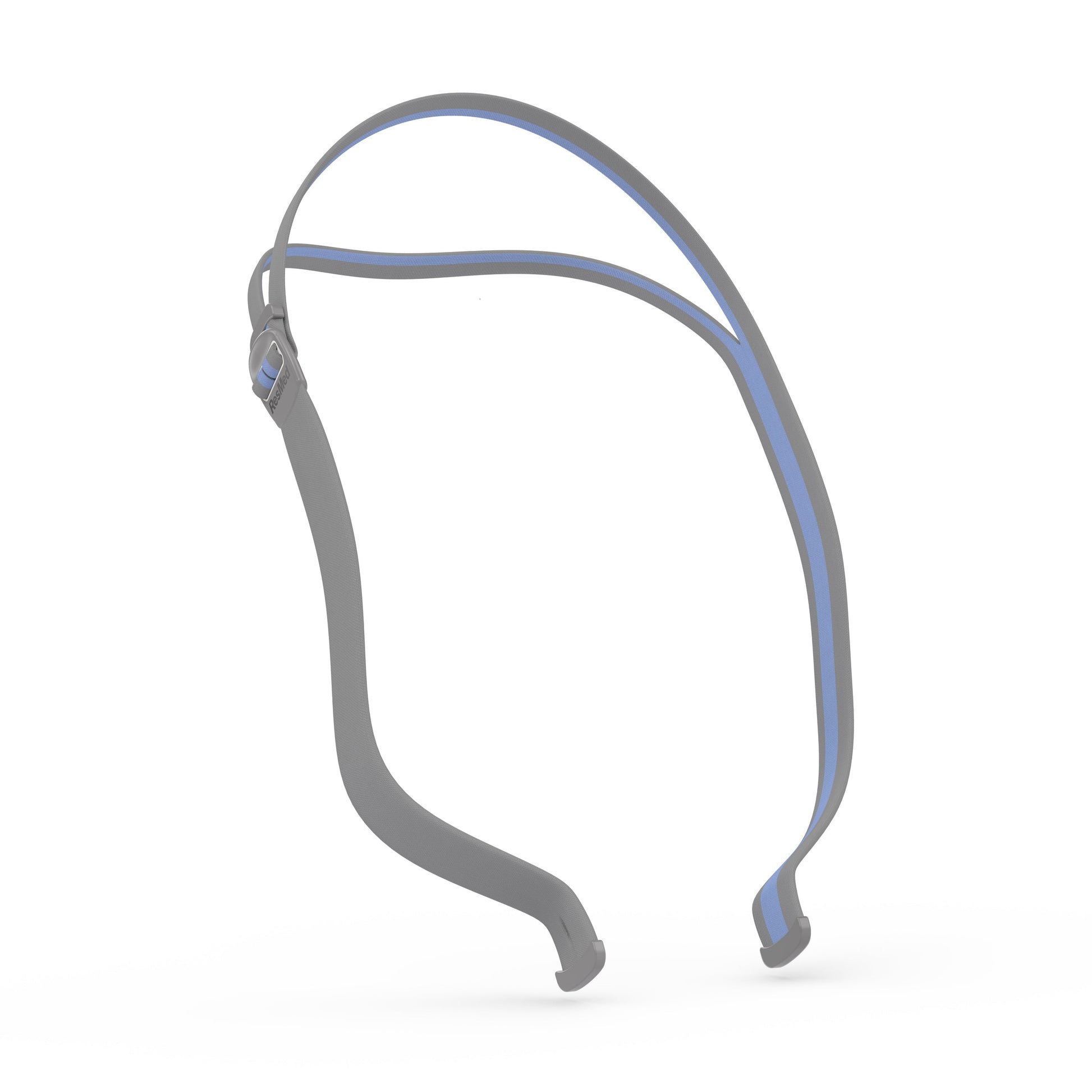 Left view of the grey and blue ResMed AirFit N30 Headgear