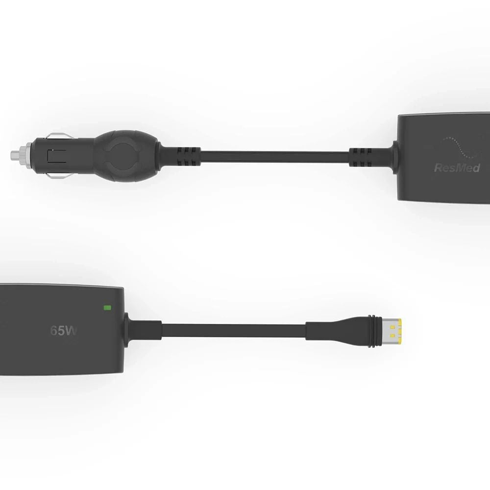 Two images of the ResMed AirMini DC converter with car charger and USB-C cable