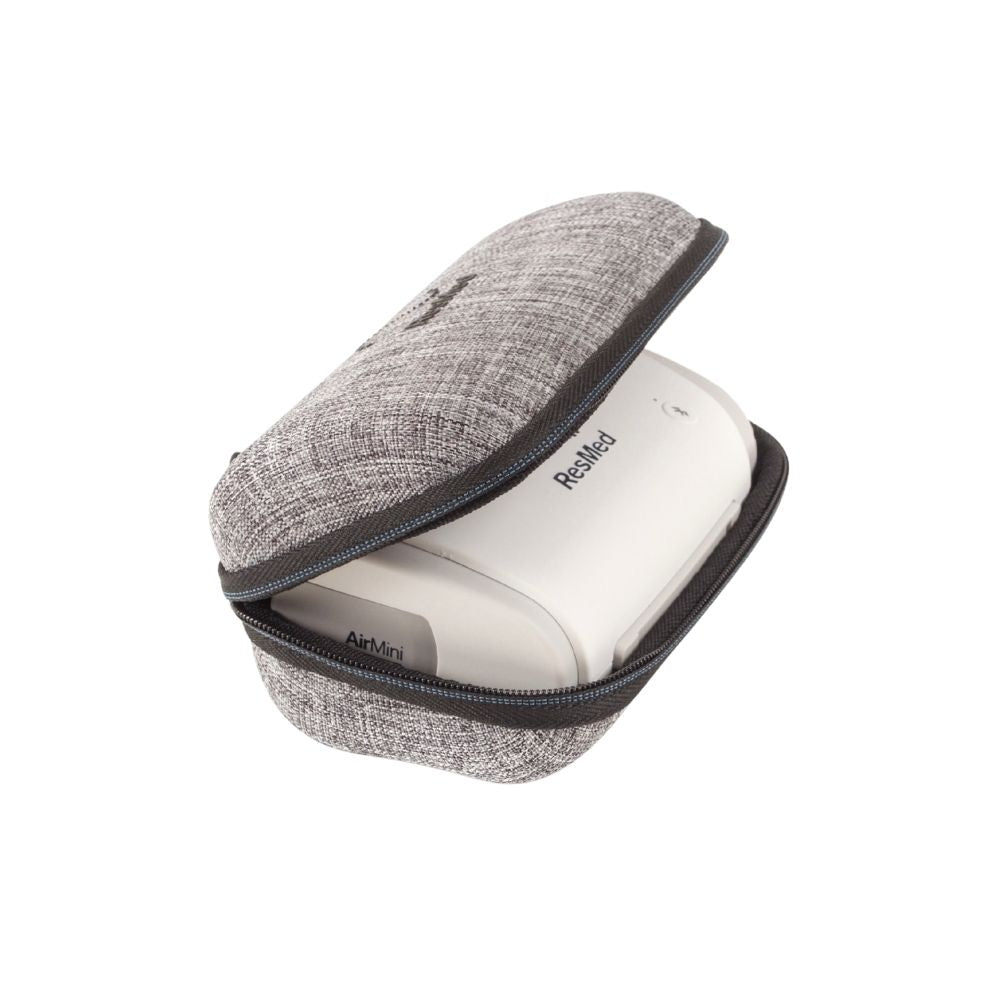 Grey textured ResMed AirMini hard carrying case pictures with an AirMini device stored inside