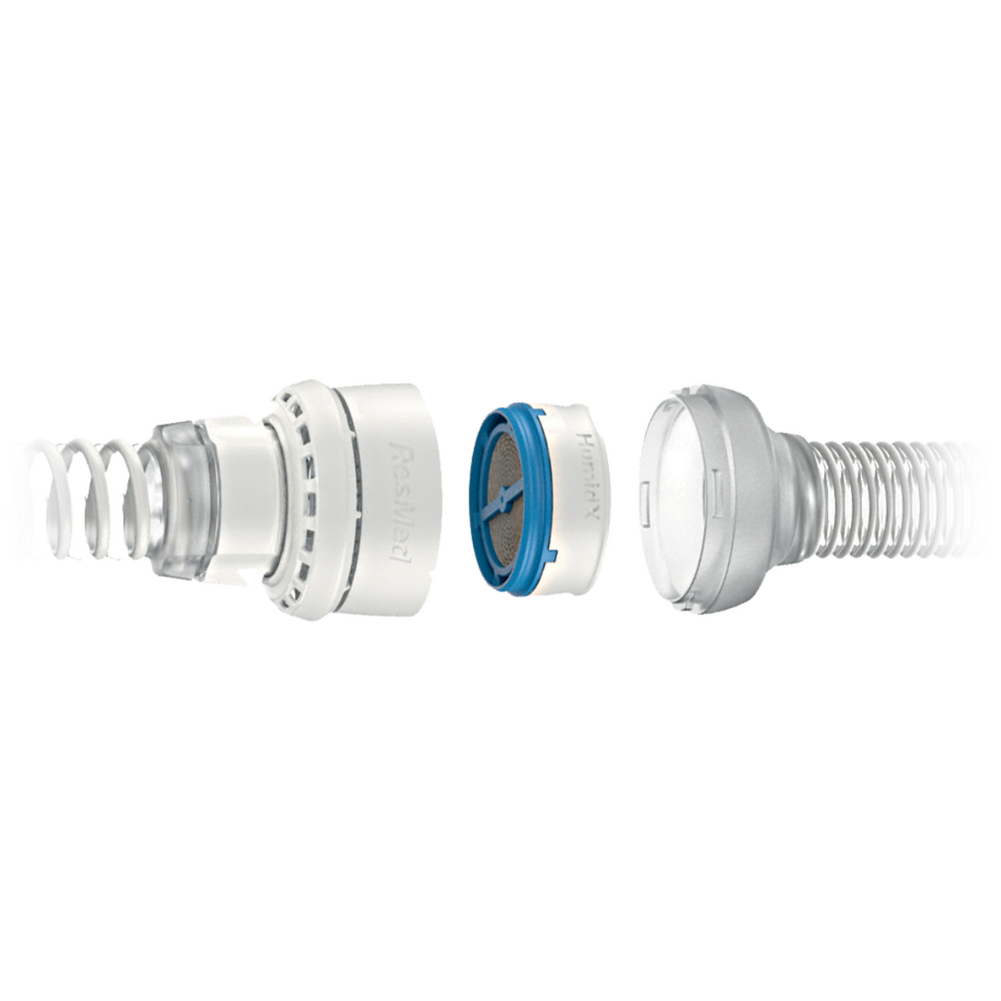 Disassembled connection showing where the HumidX HME sits between the tubing and AirMini connector