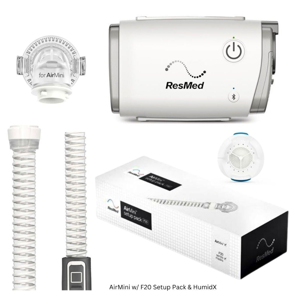 The AirMini CPAP Machine and components of the ResMed AirMini with F20 Setup Pack which includes  F20 Connector AirMini Tube, HumidX F20 HME