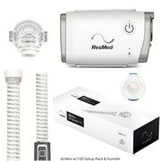 The AirMini CPAP Machine and components of the ResMed AirMini with F20 Setup Pack which includes  F20 Connector AirMini Tube, HumidX F20 HME
