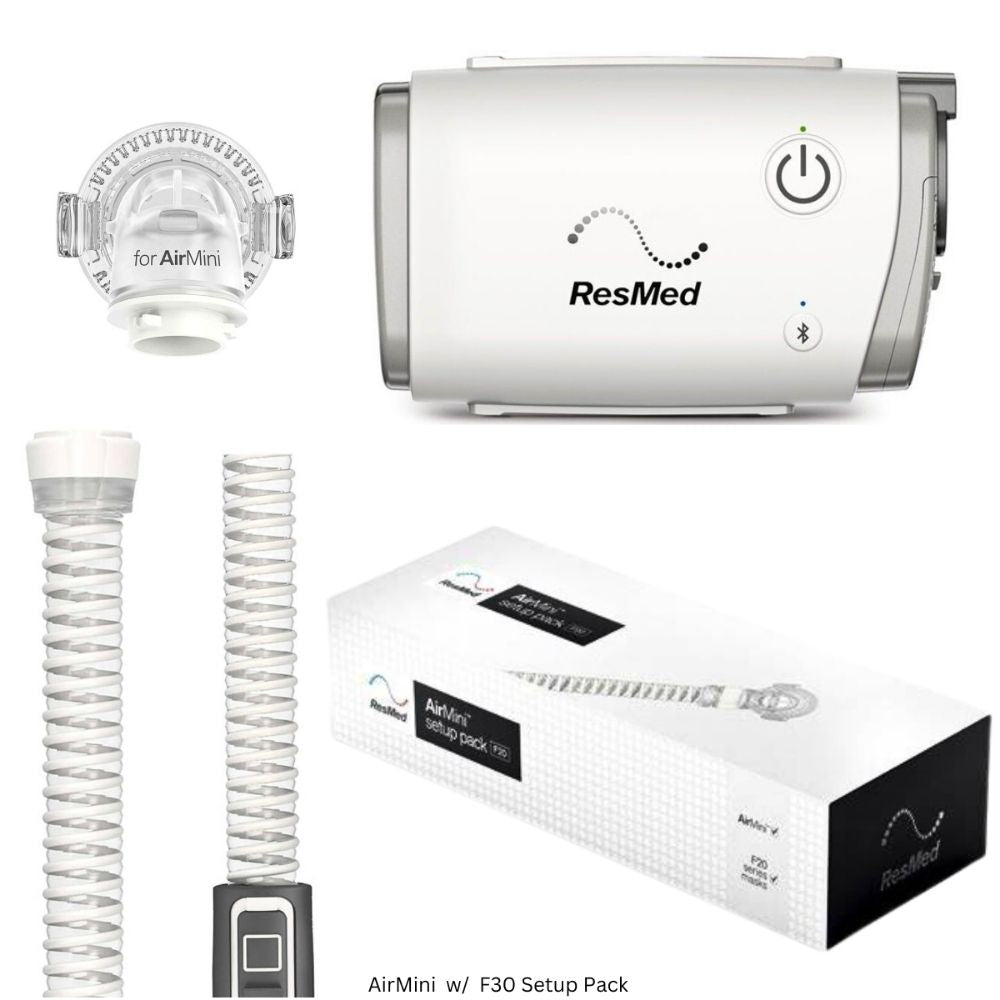 The AirMini CPAP Machine and components of the ResMed AirMini F30 Setup Pack which includes a F30 Connector and AirMini Tube