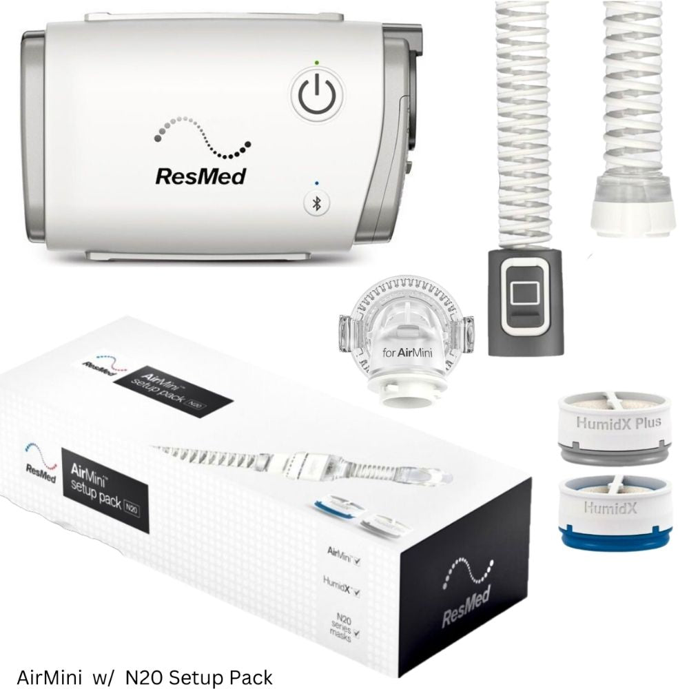 The AirMini CPAP Machine and the components of the AirMini N20 Setup Pack which includes the N20 Connector, AirMini Tube, HumidX Standard and HumidX Plus HME