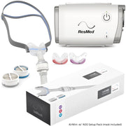 The AirMini CPAP Machine and the components of the AirMini N30 Mask Pack which includes the AirFit N30 for AirMini Mask, three sizes of nasal cushions, N30 Connector, AirMini Tube, HumidX Standard and HumidX Plus HME