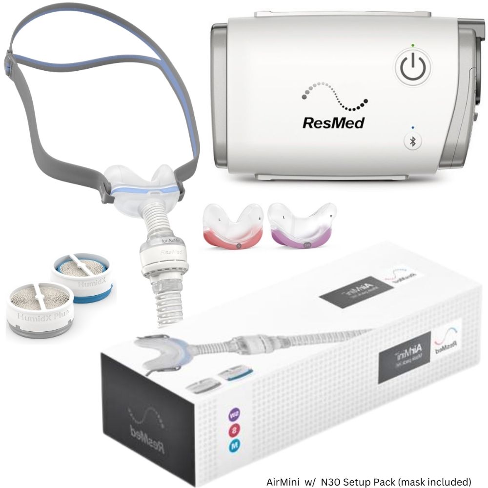 The AirMini CPAP Machine and the components of the AirMini N30 Mask Pack which includes the AirFit N30 for AirMini Mask, three sizes of nasal cushions, N30 Connector, AirMini Tube, HumidX Standard and HumidX Plus HME