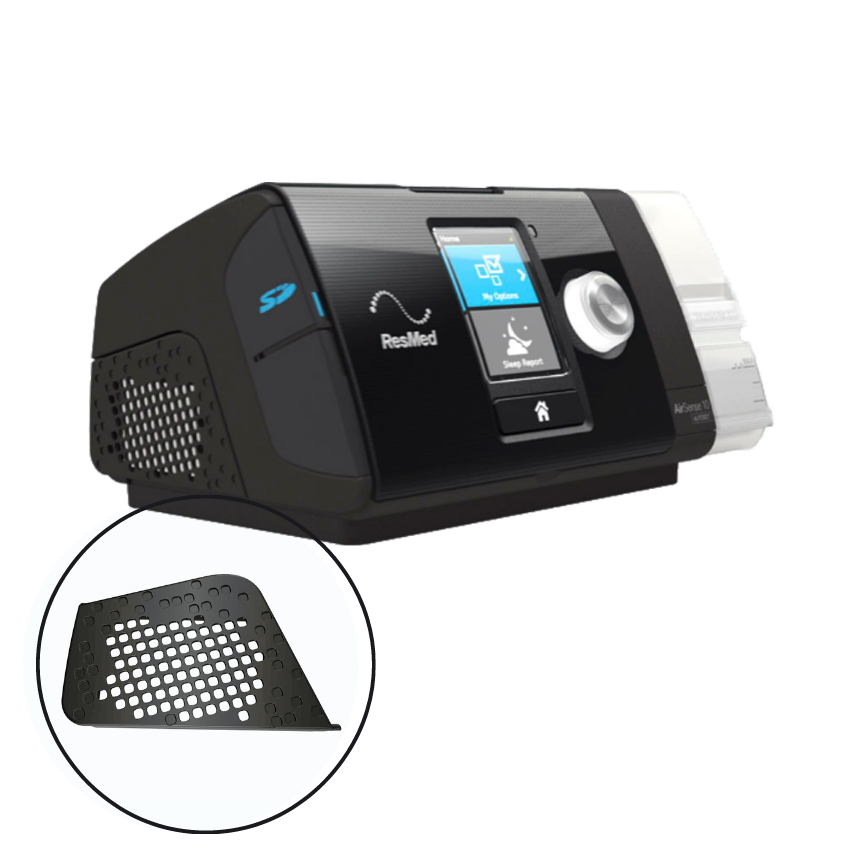 ResMed CPAP machine with a close-up of the charcoal filter cover