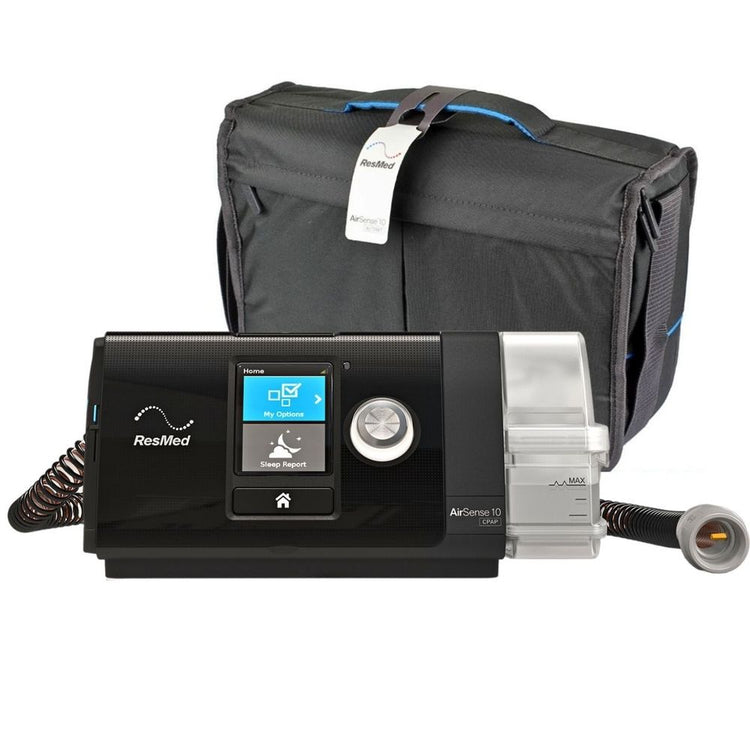 AirSense 10 CPAP machine with ClimateLineAir heated tube and travel bag in the back