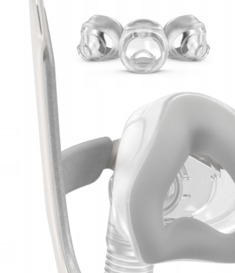 Closeup view of the ResMed AirTouch N20 cushion with 3 sizes shown in the corner